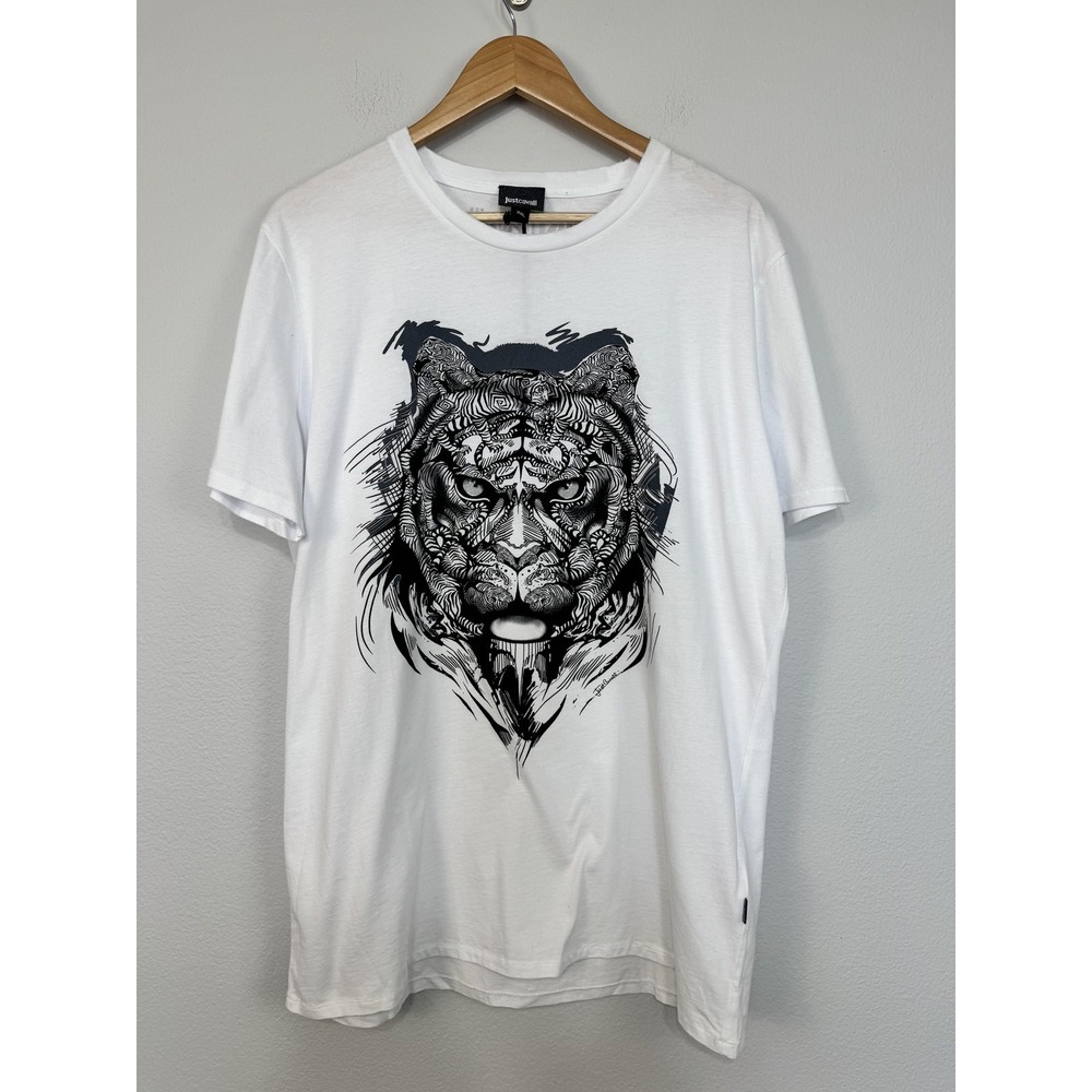 Just Cavalli Shirt Mens 2XL White Tiger Graphic Tee T-Shirt Short Sleeve Casual